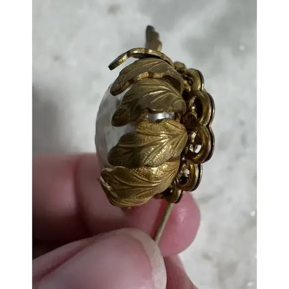 Vintage Miriam Haskell Signed Gold Tone Glass Pearl Sunflower Hat Stick Pin - Picture 6 of 7